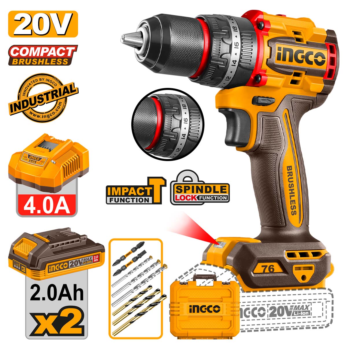 Ingco Κρουστικό Δραπανοκατσάβιδο Compact Μπαταρίας 20V Li-Ion 76Nm
