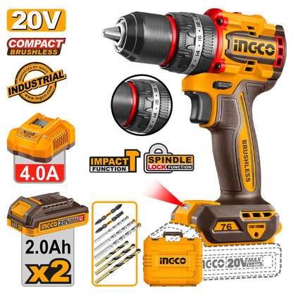 Ingco Κρουστικό Δραπανοκατσάβιδο Compact Μπαταρίας 20V Li-Ion 76Nm