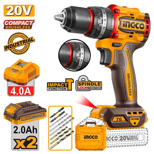 Ingco 20V Li-Ion Cordless Compact Impact Drill 76Nm