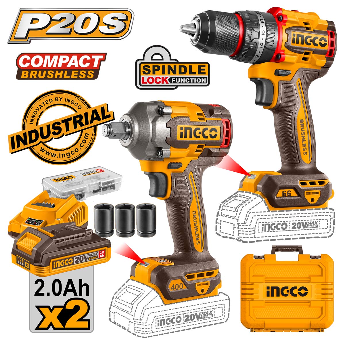 Ingco Σετ Κρουστικό Δραπανοκατσάβιδο & Μπουλονόκλειδο Brushless 20V με 2 Μπαταρίες 2Ah και Θήκη
