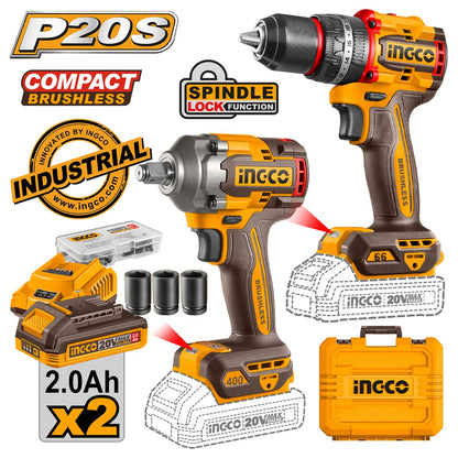 Ingco Σετ Κρουστικό Δραπανοκατσάβιδο & Μπουλονόκλειδο Brushless 20V με 2 Μπαταρίες 2Ah και Θήκη