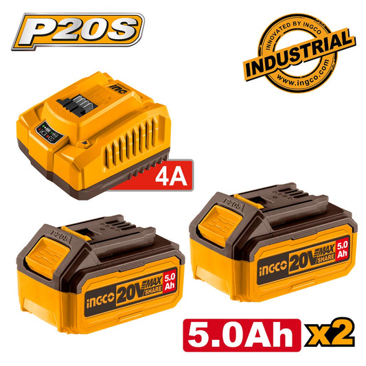 Ingco Μπαταρίες 2 τεμ. 5.0Ah + 1 τεμ. Φορτιστής 4Α Σετ 3 τεμ.